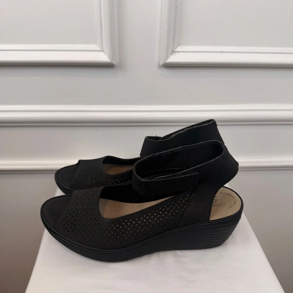 Clarks Collection Arla Glison Black Perforated Wedge Sandals Womens 10 Comfort